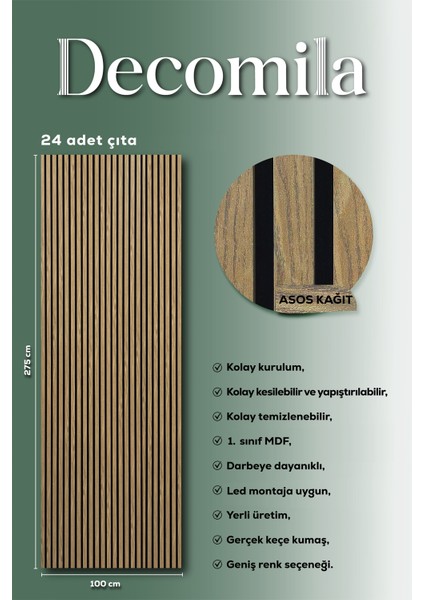Mdf Ahşap Akustik Duvar Paneli 100X275 cm -Asos