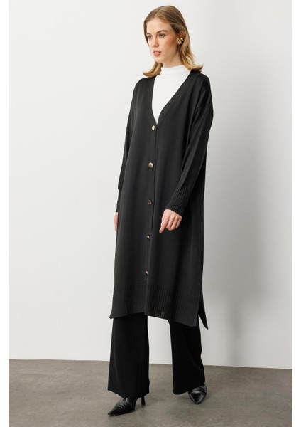 Düğme Detaylı Uzun Triko Hırka-Siyah modelleri