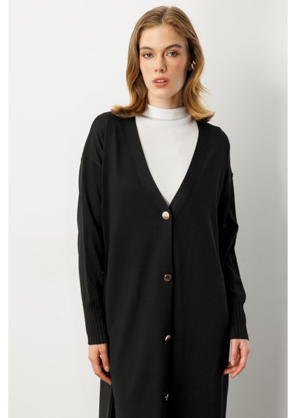 Düğme Detaylı Uzun Triko Hırka-Siyah indirimleri