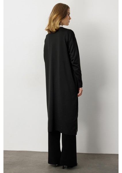 Düğme Detaylı Uzun Triko Hırka-Siyah