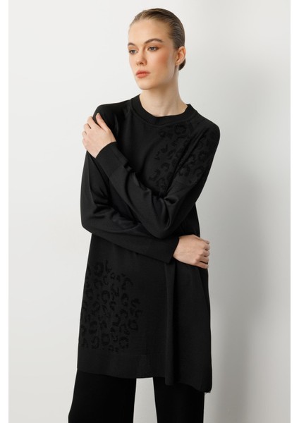 Reglan Kol Leopar Desenli Triko Tunik-Siyah fiyatları