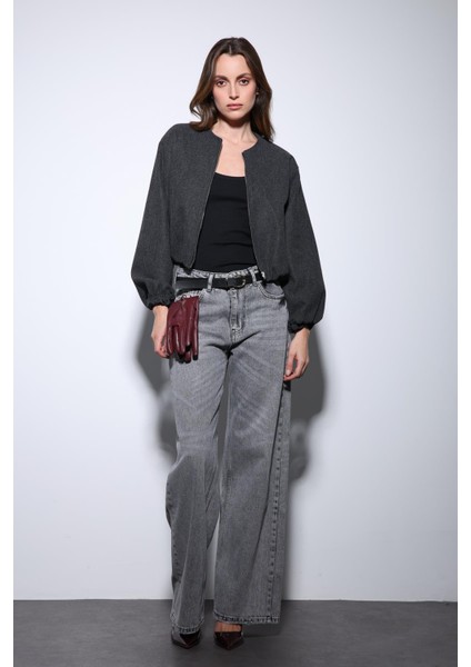 Antrasit Bel Lastikli Crop Kadın Mont