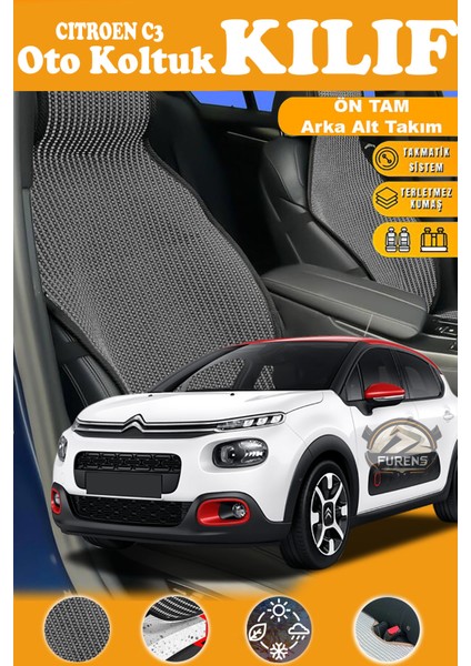 Citroen C3 Uyumlu Siyah Prestij Serisi Dokuma Kumaş Oto Koltuk Kılıfı Ön Tam Arka Alt
