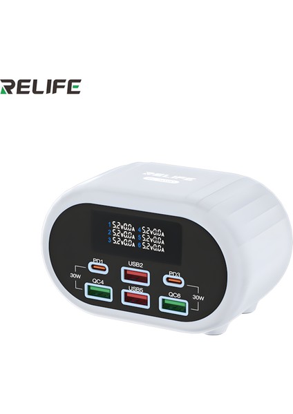 Relıfe RL-309U | 72W Çift 30W Pd & Çift Qc 3.0 Akıllı 6 Portlu Dijital Şarj Istasyonu (Volt/amper Tester)