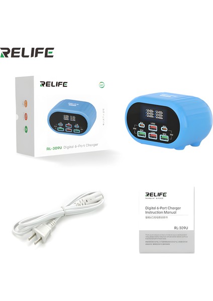 Relıfe RL-309U | 72W Çift 30W Pd & Çift Qc 3.0 Akıllı 6 Portlu Dijital Şarj Istasyonu (Volt/amper Tester) modelleri