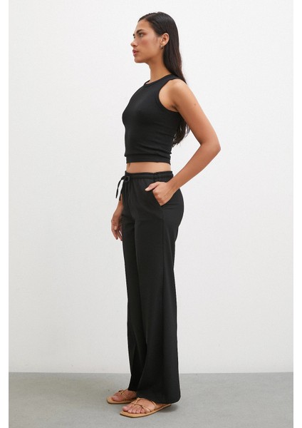 Bol Paça Lastikli Pantolon Siyah modelleri