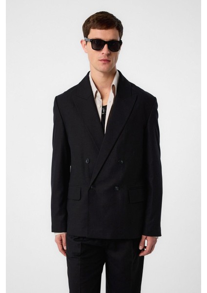 Siyah Relax Fit Keten Karışımlı Erkek Blazer Ceket