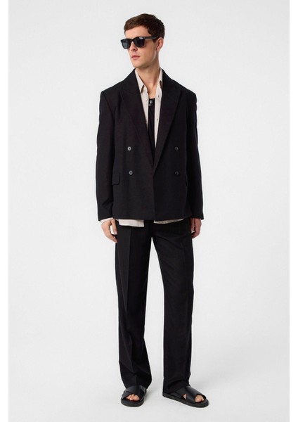 Siyah Relax Fit Keten Karışımlı Erkek Blazer Ceket fiyatları