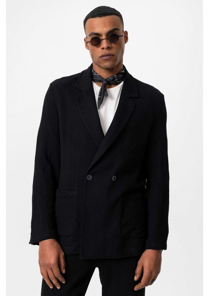 Siyah Kruvaze Kapama Astarsız Erkek Blazer Ceket