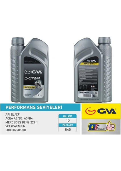 MOTOR YAĞI 20W50 1 LT PLATINUM MİNERAL API SL/CF 20W50 (12 ADET)