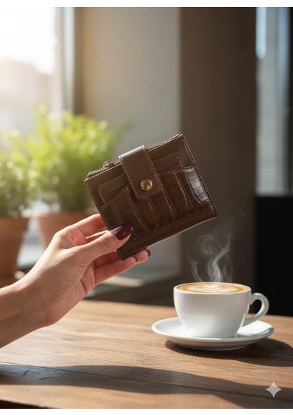 Kahverengi Timsah Desenli Çıtçıt Kapaklı Kadın Kartlık Cüzdan