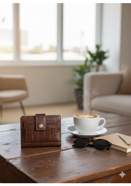 Kahverengi Timsah Desenli Çıtçıt Kapaklı Kadın Kartlık Cüzdan