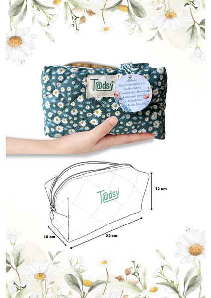 Papatya Desenli %100 Pamuk Makyaj ve Kozmetik Çantası | 22X12X10 cm | Seyahat Organizer fiyatları