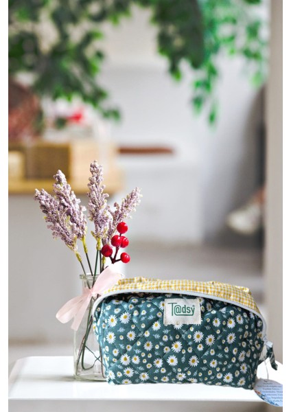 Papatya Desenli %100 Pamuk Makyaj ve Kozmetik Çantası | 22X12X10 cm | Seyahat Organizer modelleri