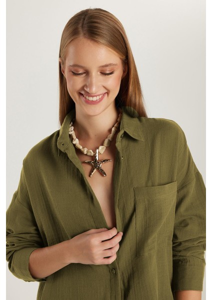 Kadın Oversize Geniş Kesim %100 Pamuk Müslin Kumaş Uzun Kollu Cepli Dokulu Haki Gömlek fiyatları