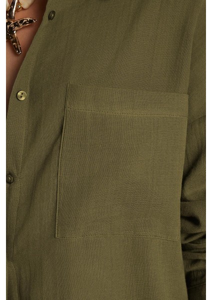 Kadın Oversize Geniş Kesim %100 Pamuk Müslin Kumaş Uzun Kollu Cepli Dokulu Haki Gömlek modelleri