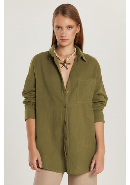 Kadın Oversize Geniş Kesim %100 Pamuk Müslin Kumaş Uzun Kollu Cepli Dokulu Haki Gömlek fırsatları