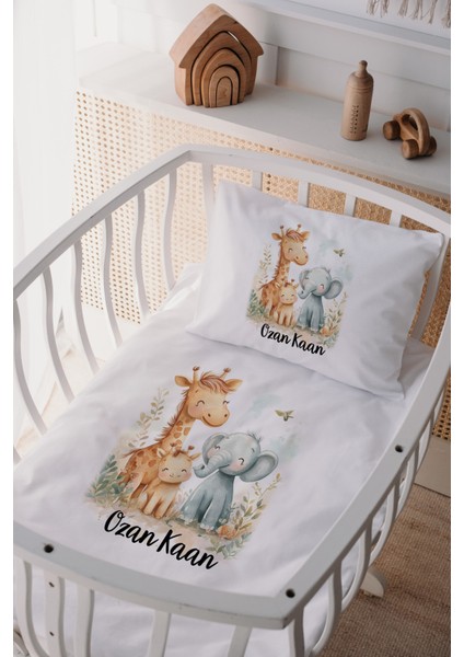%100 Pamuk Saten Isme Özel Isimli Anne Yanı Beşik Nevresim Takımı Safari