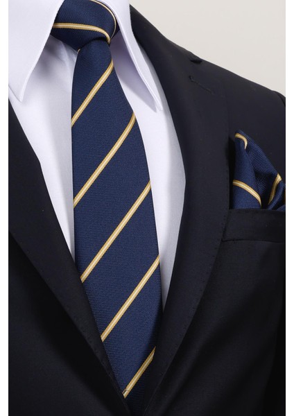 8 cm Sarı Lacivert Çizgili Hand Made Klasik Geniş Mendilli Kravat