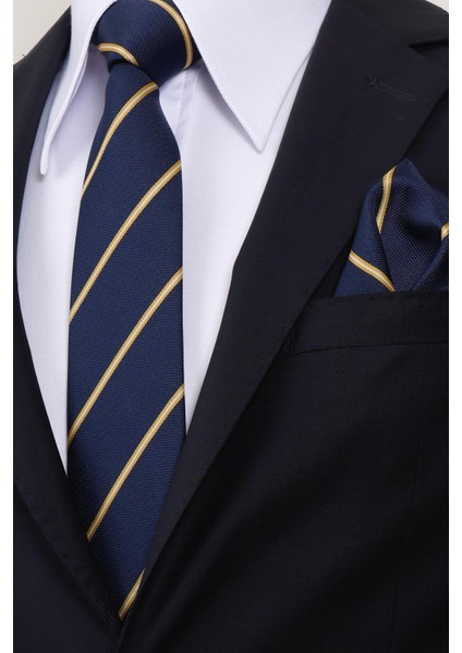 8 cm Sarı Lacivert Çizgili Hand Made Klasik Geniş Mendilli Kravat fiyatları