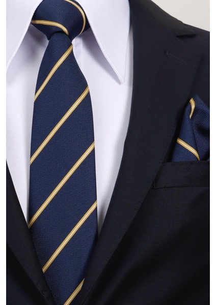 8 cm Sarı Lacivert Çizgili Hand Made Klasik Geniş Mendilli Kravat modelleri
