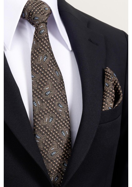 8 cm Kahverengi Mavi Şal Desen Hand Made Klasik Geniş Mendilli Kravat