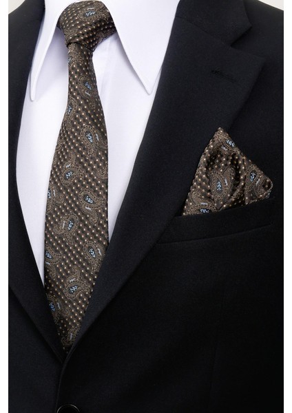 8 cm Kahverengi Mavi Şal Desen Hand Made Klasik Geniş Mendilli Kravat fiyatları