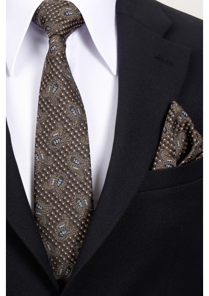 8 cm Kahverengi Mavi Şal Desen Hand Made Klasik Geniş Mendilli Kravat modelleri