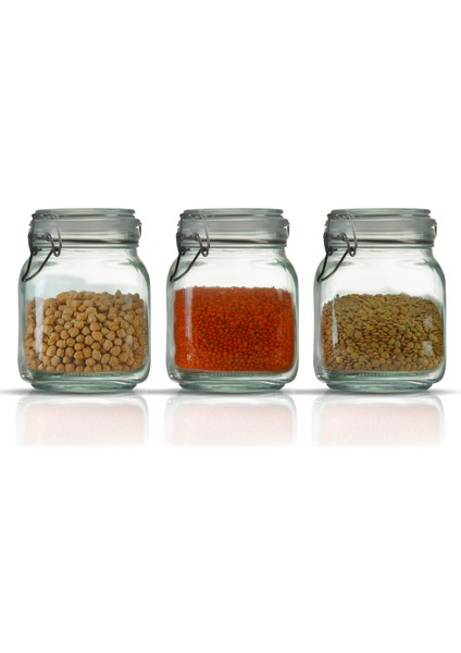 3'lü Korken Kare Kavanoz 1000 ml Vakumlu Kilitli Cam Saklama Kavanozu