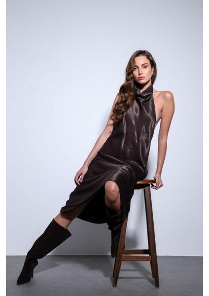 Kahve Saten Halter Kadın Top