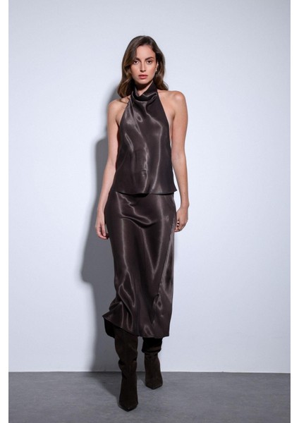 Kahve Saten Halter Kadın Top