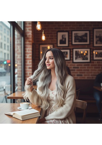 Uzun Su Dalgası Fiber Sentetik Peruk - Küllü Kumral / Beyaz Platin Ombre