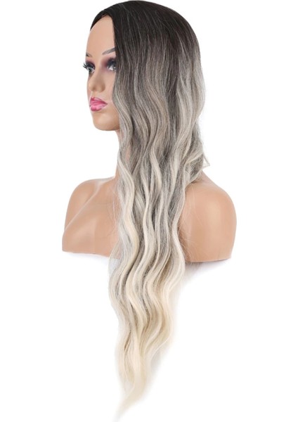 Uzun Su Dalgası Fiber Sentetik Peruk - Küllü Kumral / Beyaz Platin Ombre fırsatları