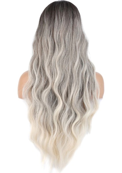 Uzun Su Dalgası Fiber Sentetik Peruk - Küllü Kumral / Beyaz Platin Ombre indirimleri