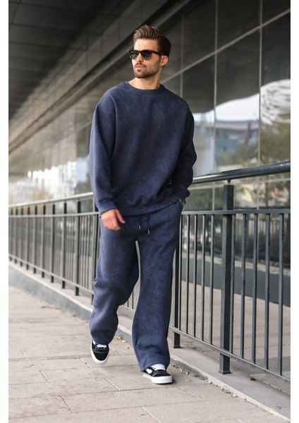 Lacivert Bisiklet Yaka Batik Desenli Erkek Sweatshirt Pantolon Takım E7344