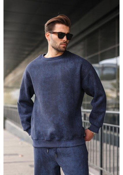 Lacivert Bisiklet Yaka Batik Desenli Erkek Sweatshirt Pantolon Takım E7344 modelleri