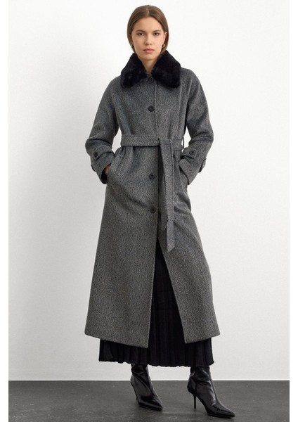 Yakası Çıkabilen Kürklü Moher Uzun Kaban Antrasit 3151 modelleri