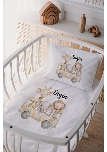 %100 Pamuk Saten Isme Özel Isimli Anne Yanı Beşik Nevresim Takımı Safari
