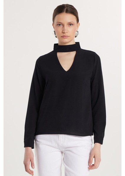 Kadın Standart Fit Choker Yaka Siyah Bluz modelleri