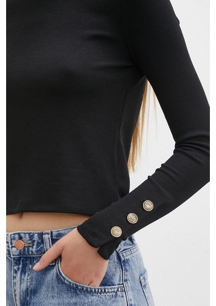 Kollu Düğmeli Bluz Siyah indirimleri