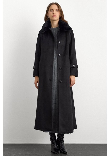 Yakası Çıkabilen Kürklü Moher Uzun Kaban Siyah 3151