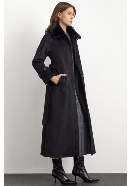 Yakası Çıkabilen Kürklü Moher Uzun Kaban Siyah 3151 modelleri