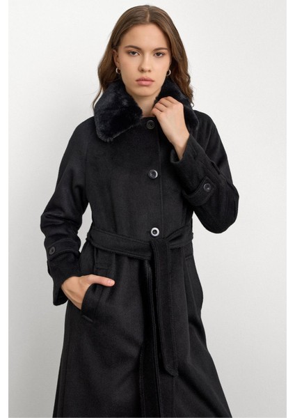 Yakası Çıkabilen Kürklü Moher Uzun Kaban Siyah 3151