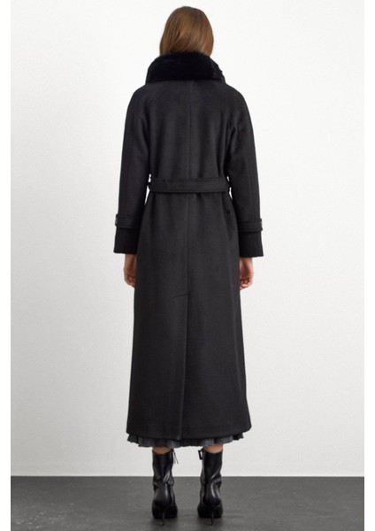 Yakası Çıkabilen Kürklü Moher Uzun Kaban Siyah 3151