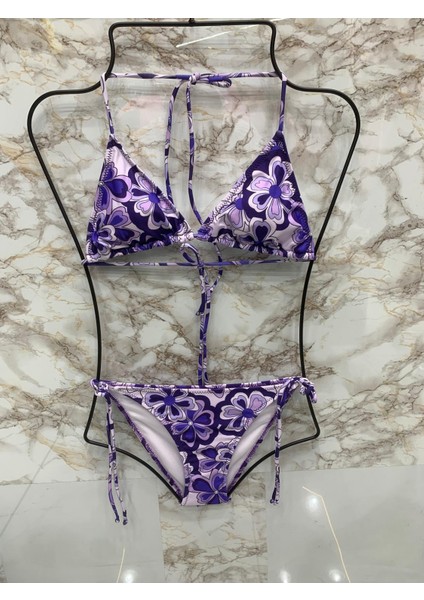 Kadın Üçgen Bikini Takım Likralı Esnek Yandan Boyundan Bağlamalı Şık Ipli