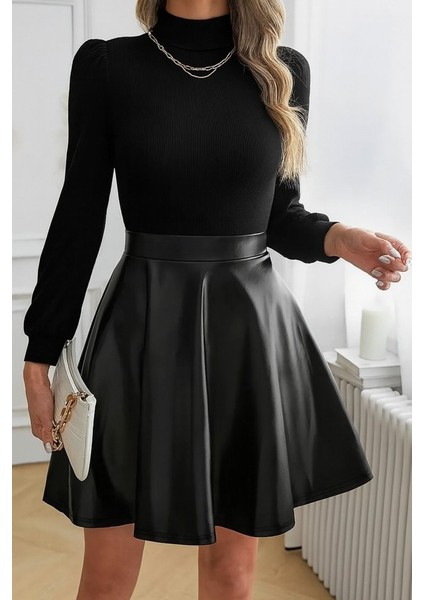 Kadın Uzun Kollu Balıkçı Yaka Üst Kaşkorse Alt Deri Detaylı Mini Elbise fiyatları
