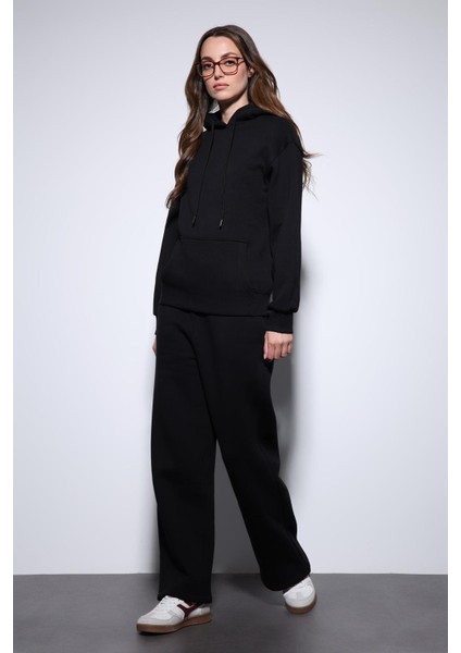 Siyah Kapüşonlu Basic Kadın Sweatshirt