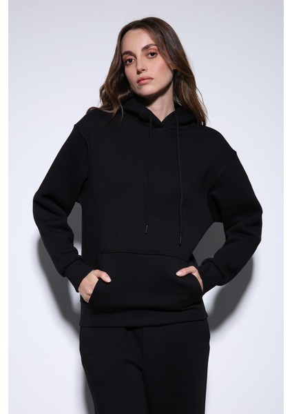 Siyah Kapüşonlu Basic Kadın Sweatshirt modelleri