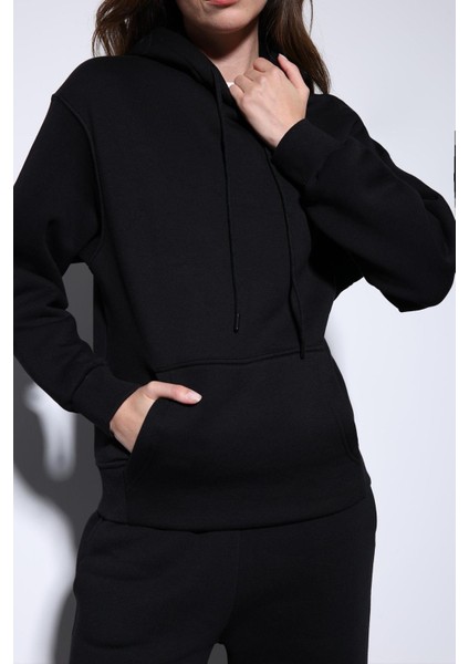 Siyah Kapüşonlu Basic Kadın Sweatshirt