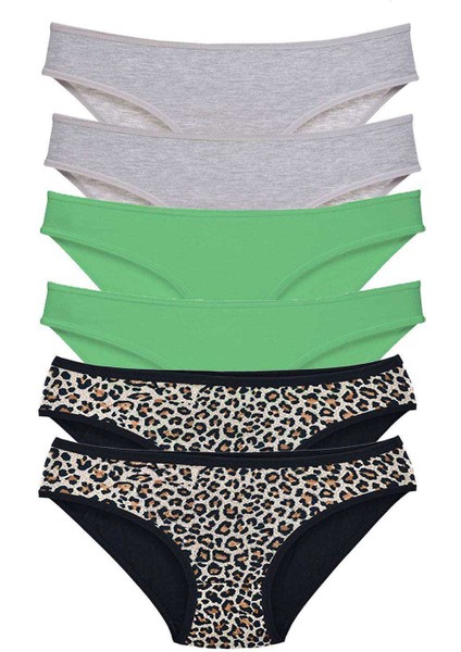 6 Adet Likralı Kadın Slip Külot Leopar Gri Yeşil